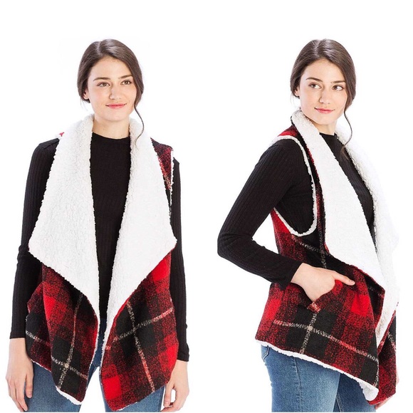 REAGAN Sherpa Plaid Open-Front Vest - Picture 4 of 6